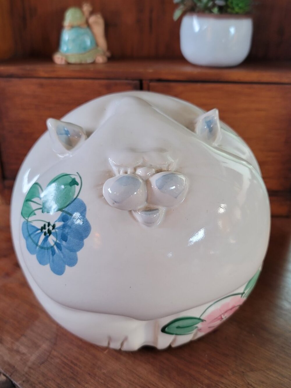 Large Handmade Hand Painted Floral Pottery Fat Cat Piggy Bank